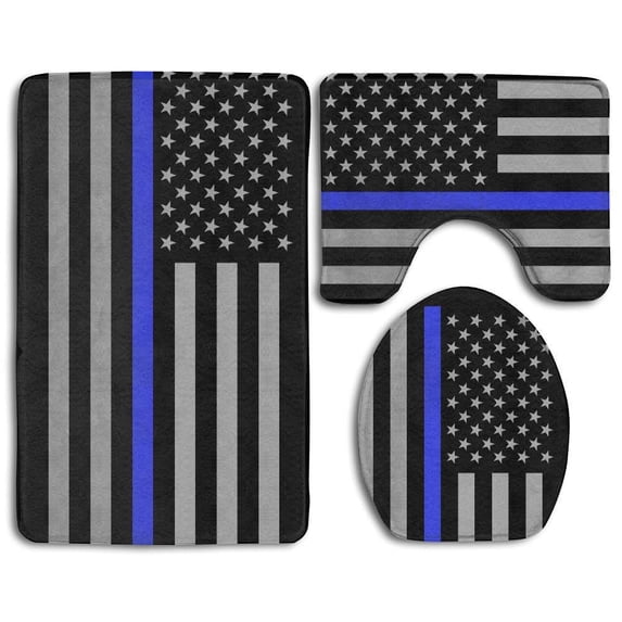 PUDMAD Thin Blue Line Usa Flag 3 Piece Bathroom Rugs Set Bath Rug Contour Mat and Toilet Lid Cover
