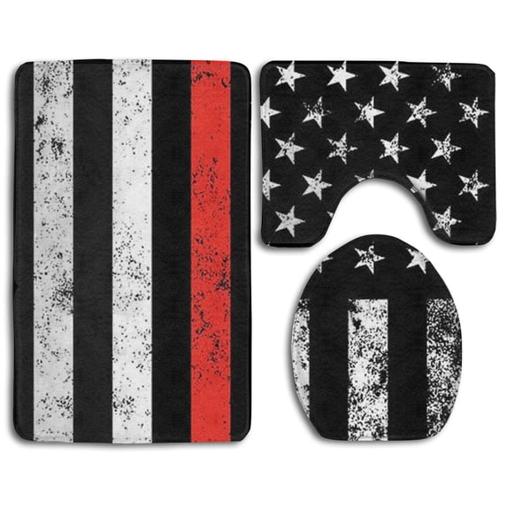 PUDMAD Thin Red Line Flag 3 Piece Bathroom Rugs Set Bath Rug Contour Mat and Toilet Lid Cover