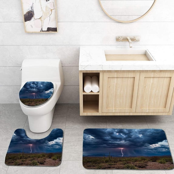 PUDMAD Thunderstorm Clouds Lightning 3 Piece Bathroom Rugs Set Bath Rug Contour Mat and Toilet Lid Cover