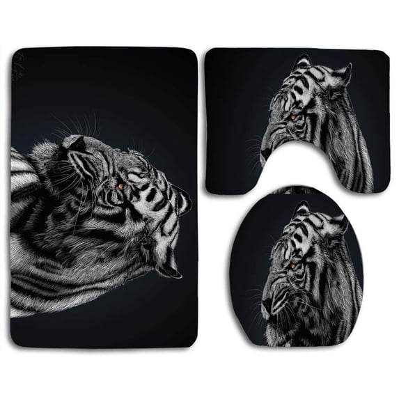 PUDMAD Tiger 3 Piece Bathroom Rugs Set Bath Rug Contour Mat and Toilet Lid Cover