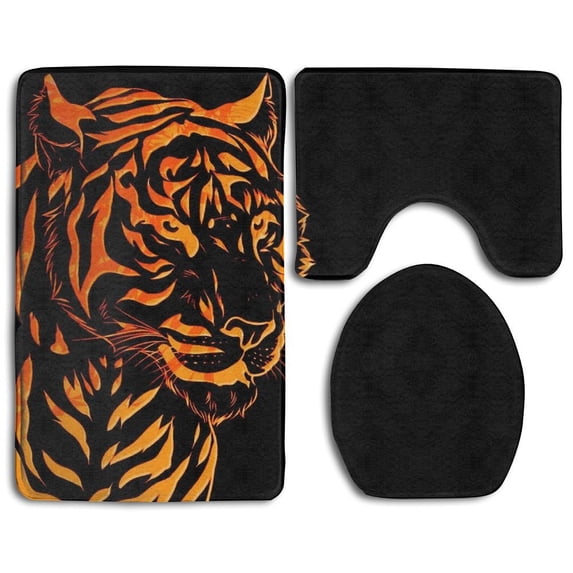 PUDMAD Tiger 3 Piece Bathroom Rugs Set Bath Rug Contour Mat and Toilet Lid Cover