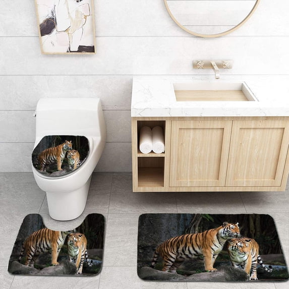 PUDMAD Tiger Couple in Jungle on Big Rocks Wild Cats in Nature Grey and 3 Piece Bathroom Rugs Set Bath Rug Contour Mat and Toilet Lid Cover