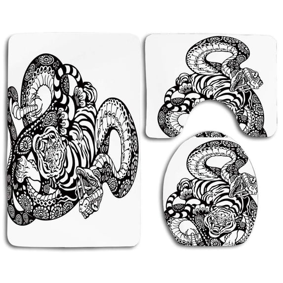 PUDMAD Tiger Tattoo Style Scene Two Fighting Long Snake Sublime Large Cat Battle 3 Piece Bathroom Rugs Set Bath Rug Contour Mat and Toilet Lid Cover
