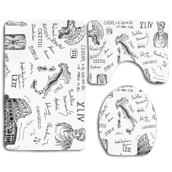 PUDMAD Toga Party Ancient Roman Period Icons Caesar Colosseum Gladiator Helmet Sketch Art 3 Piece Bathroom Rugs Set Bath Rug Contour Mat and Toilet Lid Cover