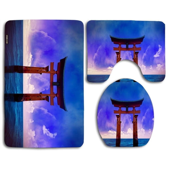 PUDMAD Torii 3 Piece Bathroom Rugs Set Bath Rug Contour Mat and Toilet Lid Cover