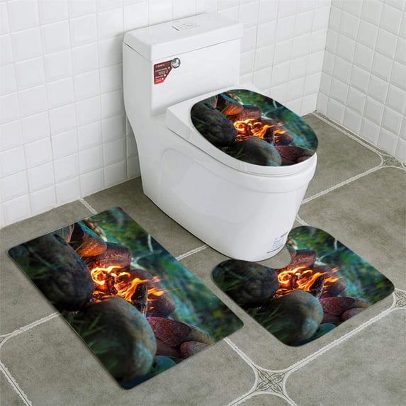 PUDMAD Tourist Bonfire at Dusk in Forest 3 Piece Bathroom Rugs Set Bath Rug Contour Mat and Toilet Lid Cover