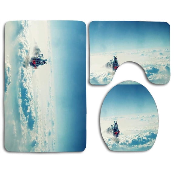 PUDMAD Train 3 Piece Bathroom Rugs Set Bath Rug Contour Mat and Toilet Lid Cover