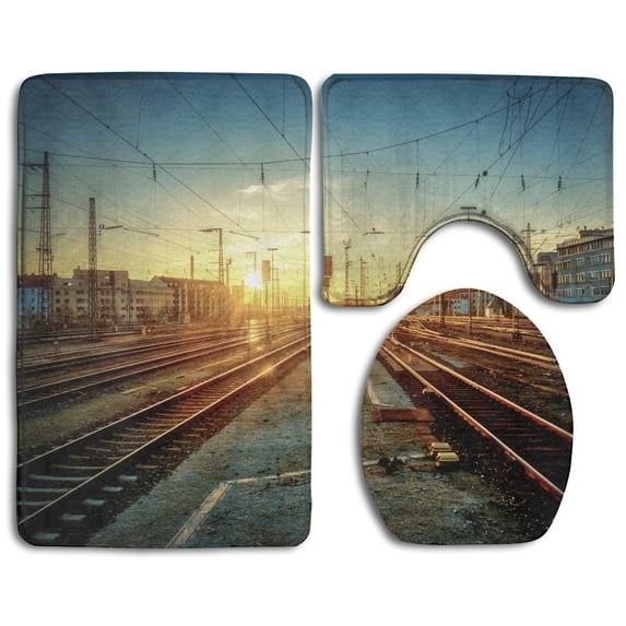 PUDMAD Train Track Landscape 3 Piece Bathroom Rugs Set Bath Rug Contour Mat and Toilet Lid Cover