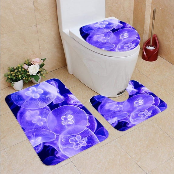PUDMAD Translucent Jellyfish 3 Piece Bathroom Rugs Set Bath Rug Contour Mat and Toilet Lid Cover
