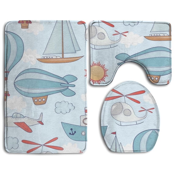 PUDMAD Transportation 3 Piece Bathroom Rugs Set Bath Rug Contour Mat and Toilet Lid Cover