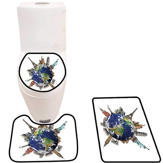 PUDMAD Travel worl Monument Concept Extremely detaile inclu Elements 3 Piece Bathroom Rugs Set Bath Rug Contour Mat and Toilet Lid Cover