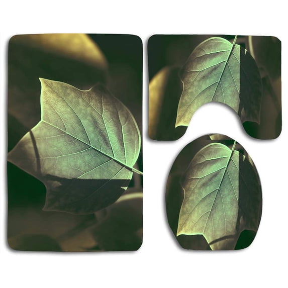 PUDMAD Tree Leaves Macro 3 Piece Bathroom Rugs Set Bath Rug Contour Mat and Toilet Lid Cover