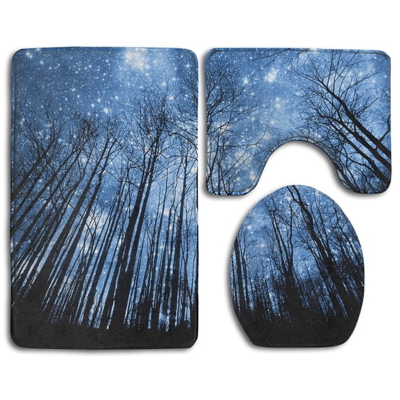 PUDMAD Tree Under Stars 3 Piece Bathroom Rugs Set Bath Rug Contour Mat and Toilet Lid Cover