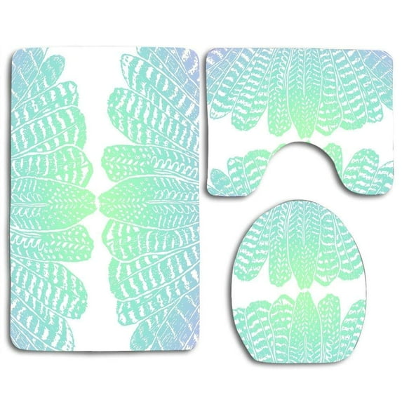 PUDMAD Tribal Feathers Seafoam 3 Piece Bathroom Rugs Set Bath Rug Contour Mat and Toilet Lid Cover