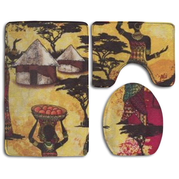 PUDMAD Tribal Life 3 Piece Bathroom Rugs Set Bath Rug Contour Mat and Toilet Lid Cover