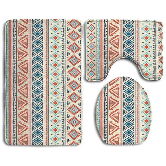 PUDMAD Tribal Style Aztec 3 Piece Bathroom Rugs Set Bath Rug Contour Mat and Toilet Lid Cover
