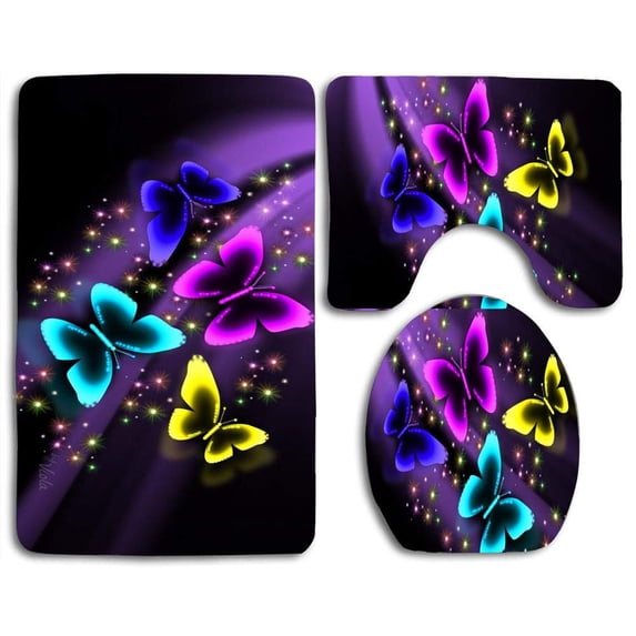 PUDMAD Tricolor Shine Stars Neon Creation Viola Peacock Butterfly 3 Piece Bathroom Rugs Set Bath Rug Contour Mat and Toilet Lid Cover