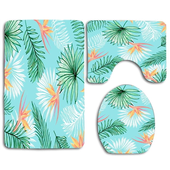 PUDMAD Tropic Palm 3 Piece Bathroom Rugs Set Bath Rug Contour Mat and Toilet Lid Cover