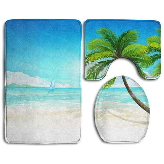 PUDMAD Tropical Beach Palm Tree1 3 Piece Bathroom Rugs Set Bath Rug Contour Mat and Toilet Lid Cover
