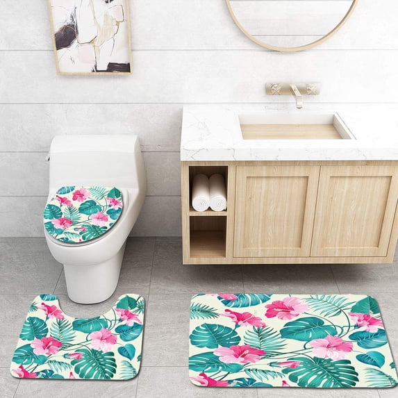 PUDMAD Tropical Flower 3 Piece Bathroom Rugs Set Bath Rug Contour Mat and Toilet Lid Cover
