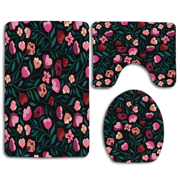 PUDMAD Tropical Flowers 3 Piece Bathroom Rugs Set Bath Rug Contour Mat and Toilet Lid Cover