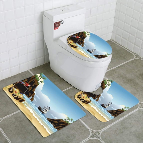 PUDMAD Tropical Island Treasure 3 Piece Bathroom Rugs Set Bath Rug Contour Mat and Toilet Lid Cover