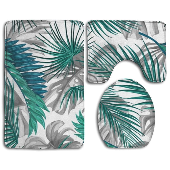 PUDMAD Tropical Leaves 3 Piece Bathroom Rugs Set Bath Rug Contour Mat and Toilet Lid Cover