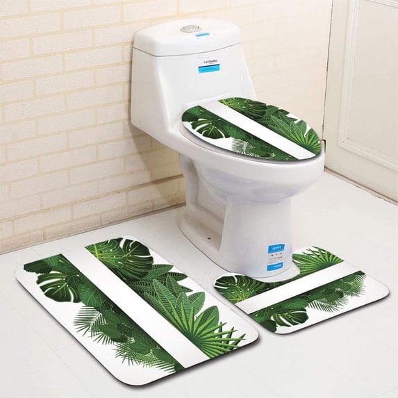 PUDMAD Tropical Leaves Floral 3 Piece Bathroom Rugs Set Bath Rug Contour Mat and Toilet Lid Cover