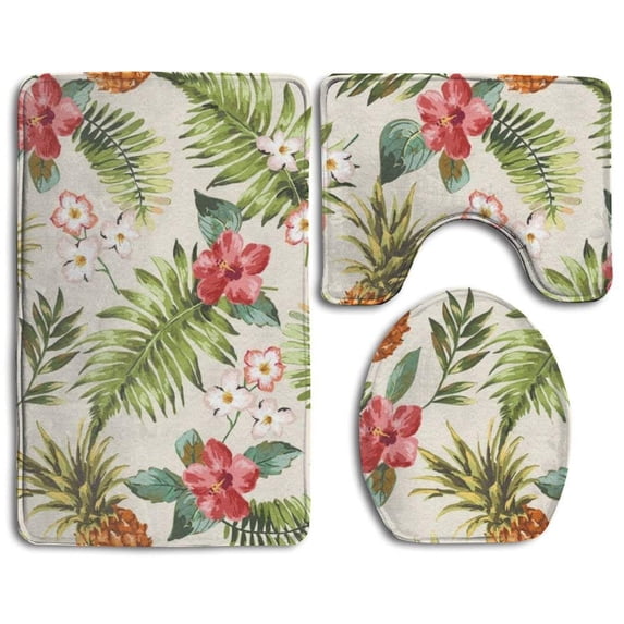 PUDMAD Tropical Pineapple 3 Piece Bathroom Rugs Set Bath Rug Contour Mat and Toilet Lid Cover