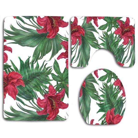 PUDMAD Tropical Red Lilies 3 Piece Bathroom Rugs Set Bath Rug Contour Mat and Toilet Lid Cover