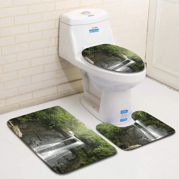 PUDMAD Tropical Waterfall 3 Piece Bathroom Rugs Set Bath Rug Contour Mat and Toilet Lid Cover