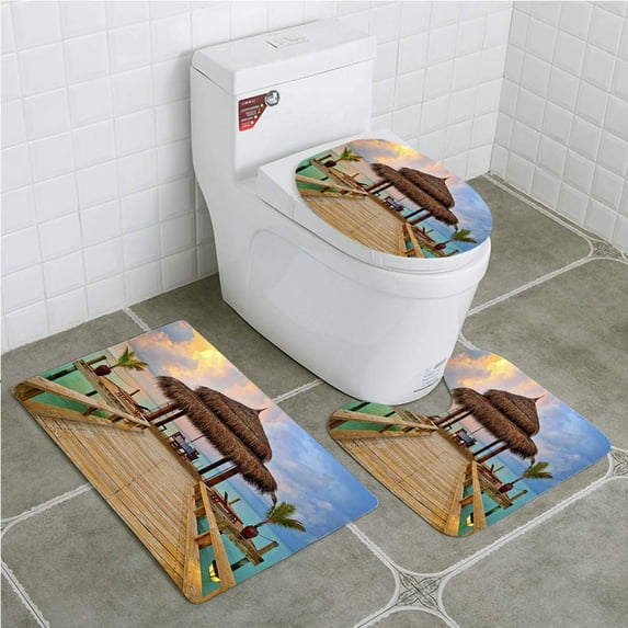 PUDMAD Tropical hut on Water at Sunset 3 Piece Bathroom Rugs Set Bath Rug Contour Mat and Toilet Lid Cover