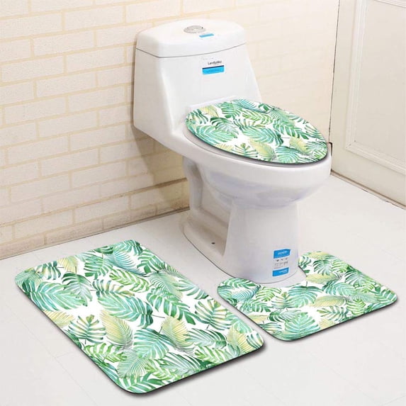 PUDMAD Tropical leaves seamless Monstera philodendron palm leaves 3 Piece Bathroom Rugs Set Bath Rug Contour Mat and Toilet Lid Cover
