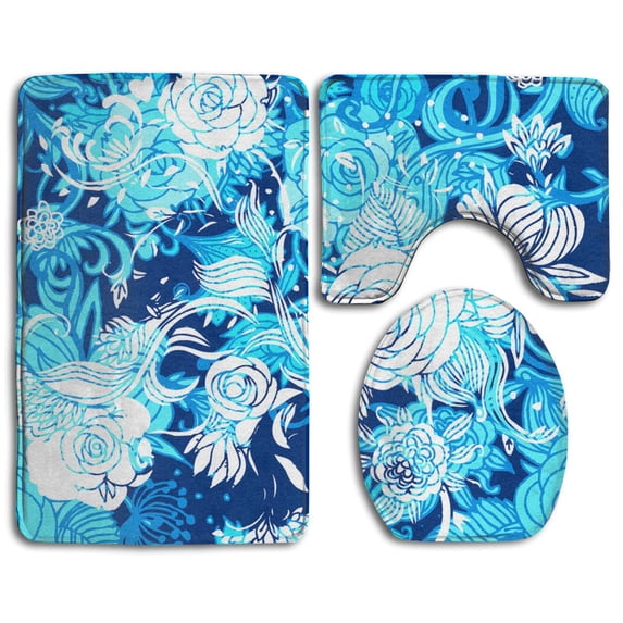 PUDMAD Turquoise Floral 3 Piece Bathroom Rugs Set Bath Rug Contour Mat and Toilet Lid Cover