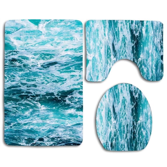 PUDMAD Turquoise Wave 3 Piece Bathroom Rugs Set Bath Rug Contour Mat and Toilet Lid Cover