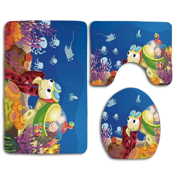 PUDMAD Turtle Funny Cartoon Character Carrying Kids Underwater Coral Reef Octopus Nursery 3 Piece Bathroom Rugs Set Bath Rug Contour Mat and Toilet Lid Cover