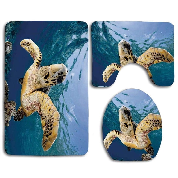 PUDMAD Turtle Hawksbill Sea Turtle in Blue Lagoon Ocean Eretmochelys Imbricata 3 Piece Bathroom Rugs Set Bath Rug Contour Mat and Toilet Lid Cover