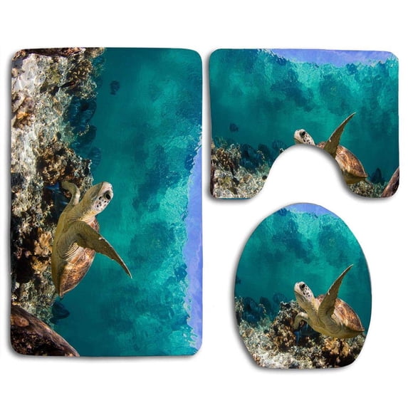 PUDMAD Turtle Under Sea 3 Piece Bathroom Rugs Set Bath Rug Contour Mat and Toilet Lid Cover