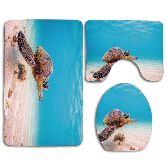 PUDMAD Turtle hawaiian Green Sea Turtle Cruises in Warm Waters Pacific Ocean Photo aqua Cinnamon Brown 3 Piece Bathroom Rugs Set Bath Rug Contour Mat and Toilet Lid Cover