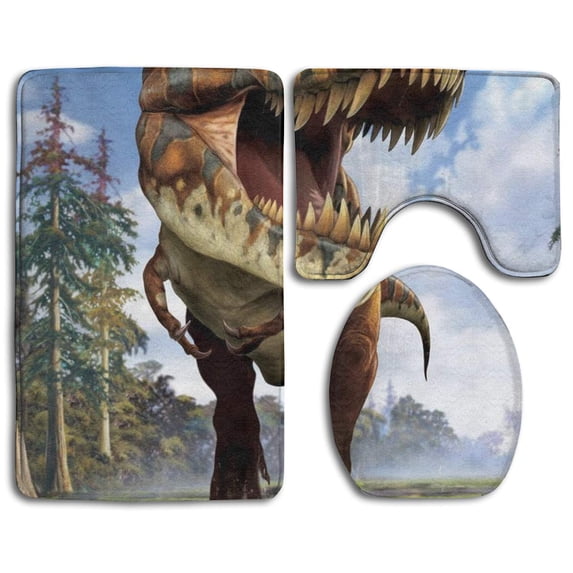 PUDMAD Tyrannosaurus Rex Dinosaur 3 Piece Bathroom Rugs Set Bath Rug Contour Mat and Toilet Lid Cover
