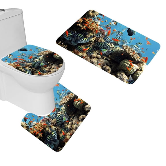 PUDMAD Underwater Fish 3 Piece Bathroom Rugs Set Bath Rug Contour Mat and Toilet Lid Cover