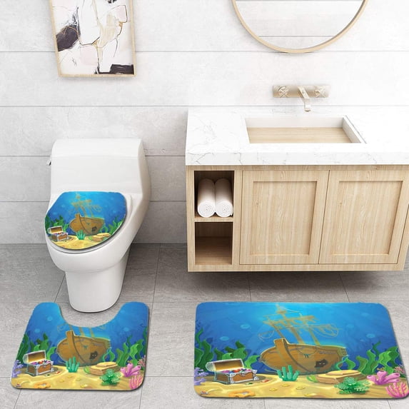 PUDMAD Underwater Landscape Ocean and Undersea World 3 Piece Bathroom Rugs Set Bath Rug Contour Mat and Toilet Lid Cover