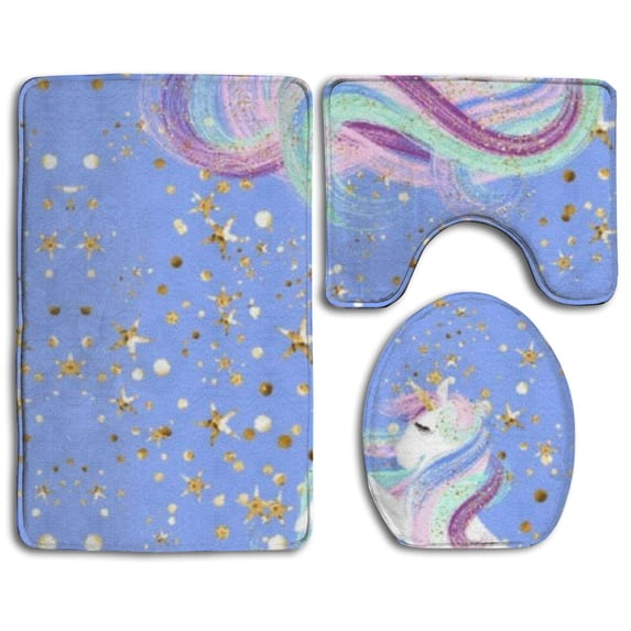 PUDMAD Unicorn 3 Piece Bathroom Rugs Set Bath Rug Contour Mat and Toilet Lid Cover