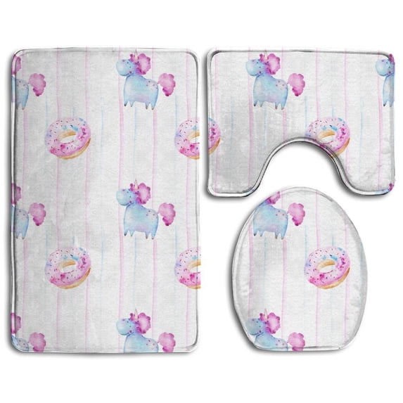PUDMAD Unicorn And Donut 3 Piece Bathroom Rugs Set Bath Rug Contour Mat and Toilet Lid Cover