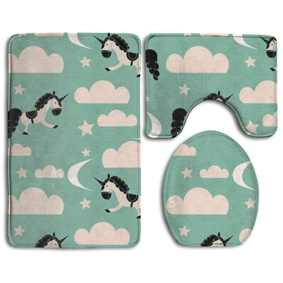 PUDMAD Unicorn Clouds 3 Piece Bathroom Rugs Set Bath Rug Contour Mat and Toilet Lid Cover