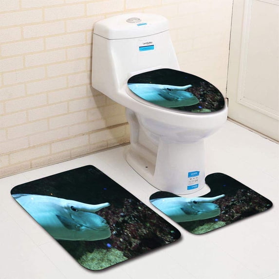 PUDMAD Unicorn Fish Underwater 3 Piece Bathroom Rugs Set Bath Rug Contour Mat and Toilet Lid Cover