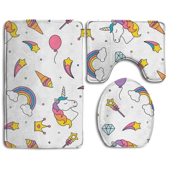 PUDMAD Unicorn Ice Cream 3 Piece Bathroom Rugs Set Bath Rug Contour Mat and Toilet Lid Cover