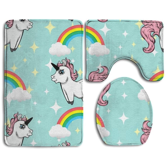 PUDMAD Unicorns Rainbows 3 Piece Bathroom Rugs Set Bath Rug Contour Mat and Toilet Lid Cover
