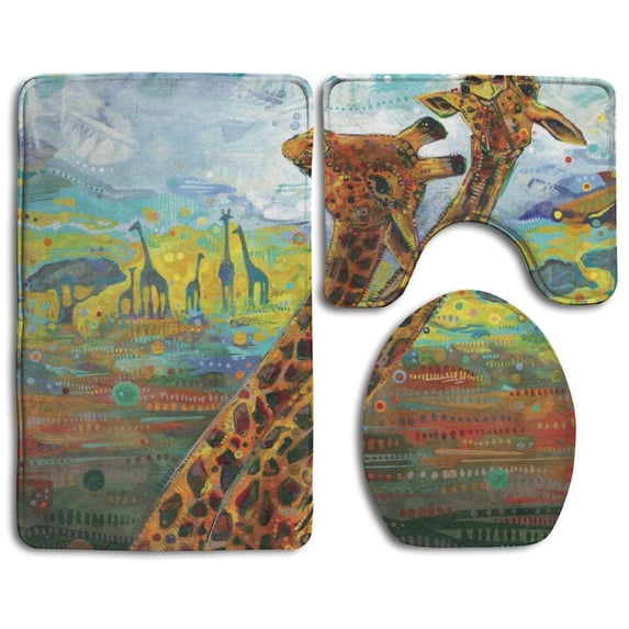 PUDMAD Unique Giraffe 3 Piece Bathroom Rugs Set Bath Rug Contour Mat and Toilet Lid Cover