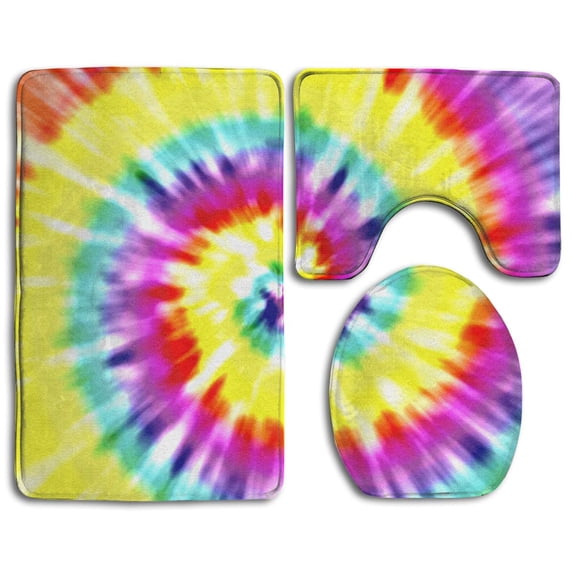 PUDMAD Unique Tye Dye Art 3 Piece Bathroom Rugs Set Bath Rug Contour Mat and Toilet Lid Cover